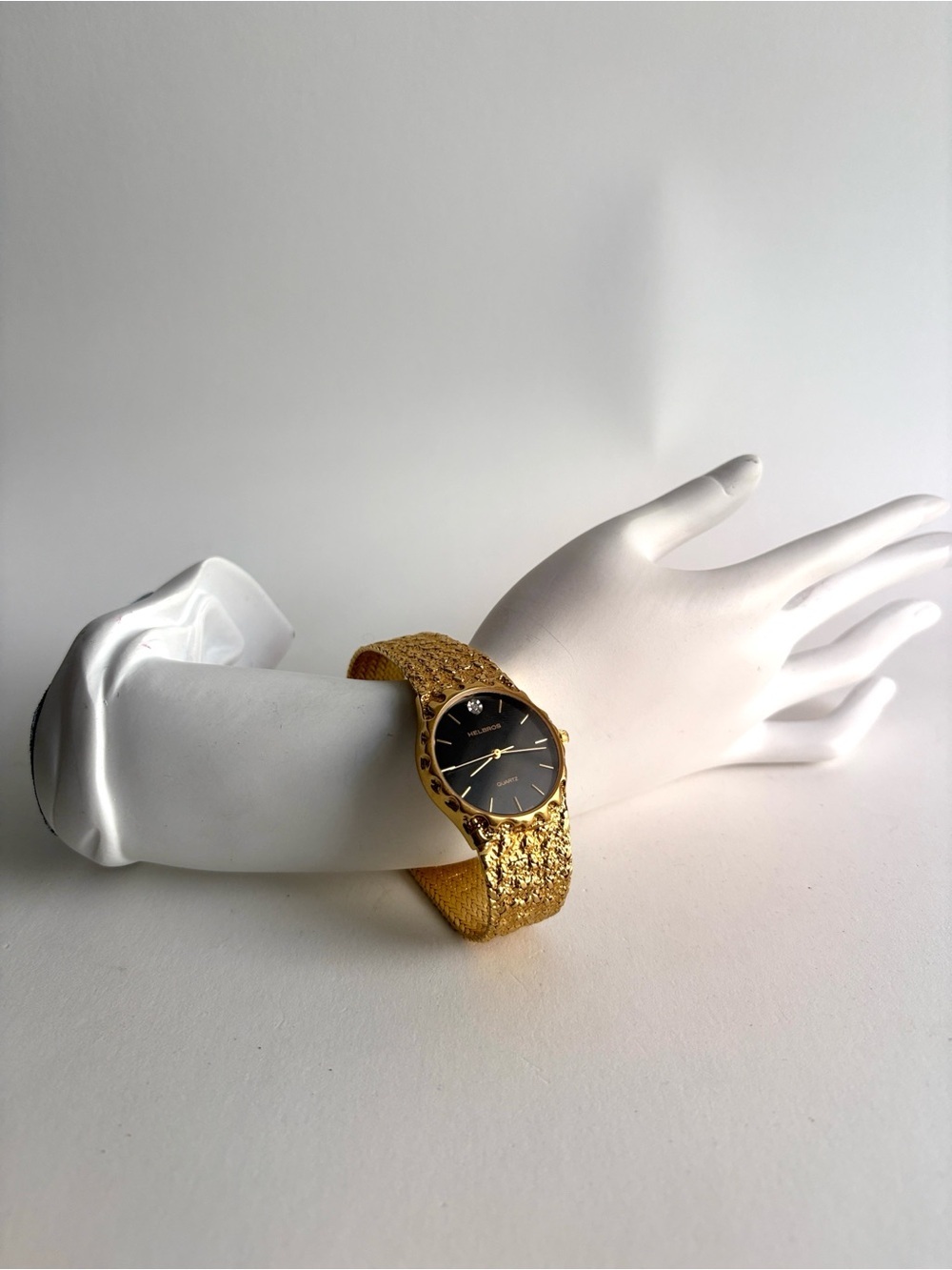 Vintage Helbros Regency Gold Nugget Bracelet Watch Black Dial